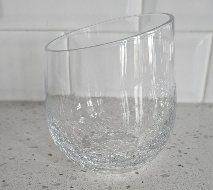 Pier 1 Angled Slanted Rim Crackle Clear Stemless Wine Glass Tumbler 4″ EX