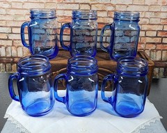 Vintage Libbey Country Fair Blue Glass Mason Jar Mugs Pint Set 6 Made in Canada