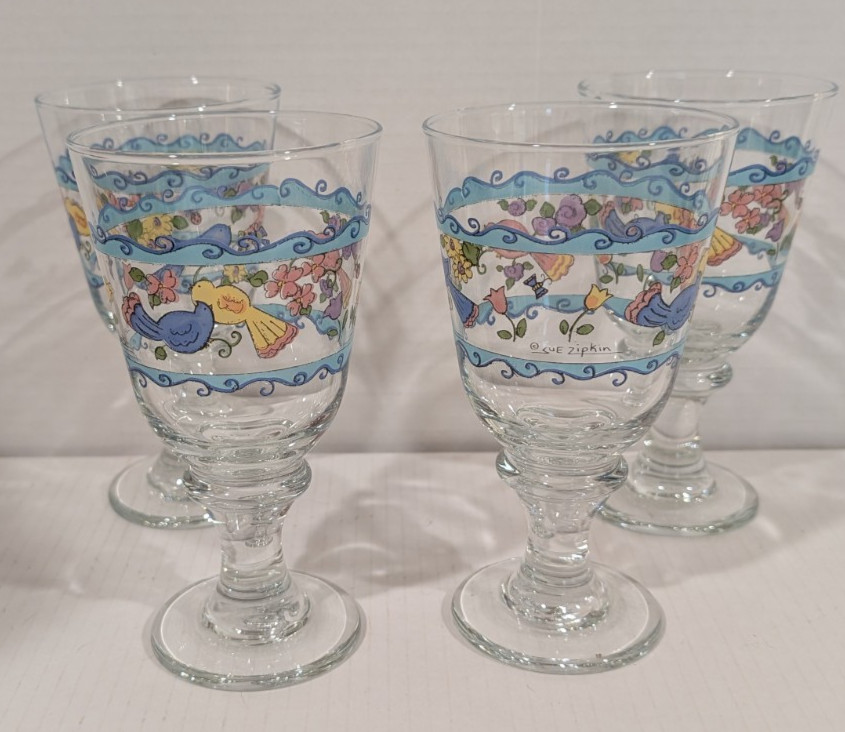 LIBBEY SUE ZIPKIN CLEAR GOBLETS 7″ SANGO SWEET SHOP BIRDS FLOWERS BEES Set of 4
