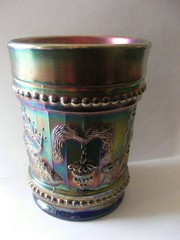 Peacock at the Fountain Cobalt Blue Tumbler Antique Northwood Carnival Glass