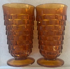 Set of 2 VTG Indiana Whitehall Colony Cubist Amber Glass Footed Iced Tea Tumbler