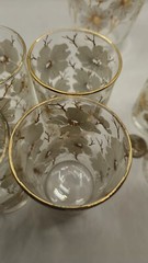 VTG 1 Pitcher 6 Glasses White Cherry Blossom Gold Trim Tree Branches Hand Blown