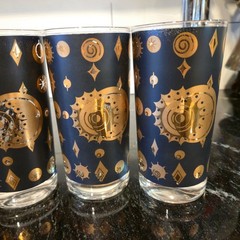 Vintage Fred Press Atomic Sunburst Glasses Black 22K Gold Barware Set MCM 6 cups