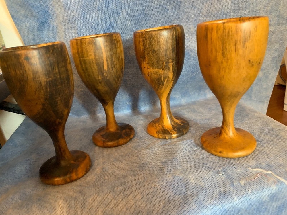 4 VTG Haiti HandCrafted Natural Grain Wood Goblets by “David Auld” Home Decor 7”