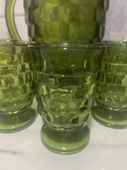 Vintage Indiana Whitehall Avocado Green Cubist Set Pitcher and 5 Glasses