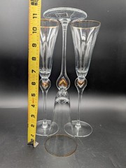 Set Of 3 Abbott Collection Gold Heart Stem Clear Crystal Champagne Flutes 11”