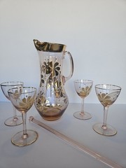 ✨ MCM Bohemian Czech Blush Glass Gold Enamel Cordial Set Pitcher + 4 🍸