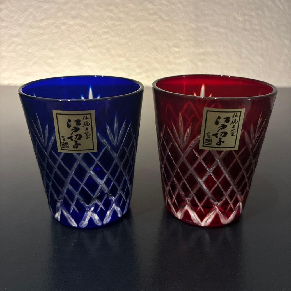 Tajima Glass Edo Kiriko Yarai Guinomi Pair Red Blue With Box