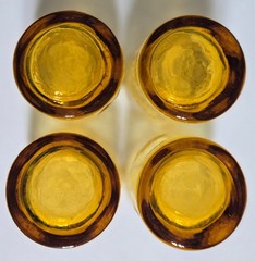 4 Morgantown THUMBPRINT Amber Glass Tumblers Textured Dimpled Pinched 6″ Golden