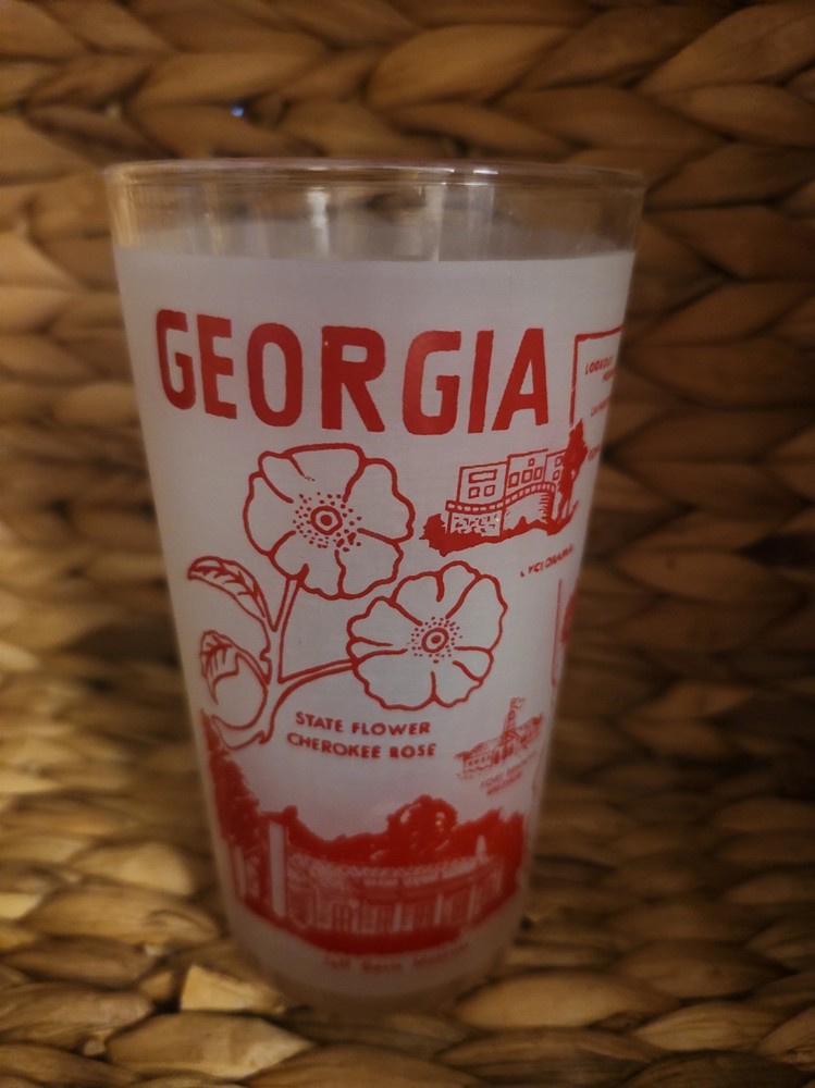 Vintage Hazel Atlas Frosted Georgia Souvenir Glass Tumbler White & Red