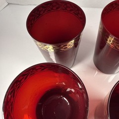 Vintage Ruby Red Glass Tumblers with Gold Gilded Trim Set of 4 – 16 oz