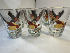6 Hazel Atlas Pheasant Bar Glasses Old Fashion Ned Smith Game Birds 3 -5/8″