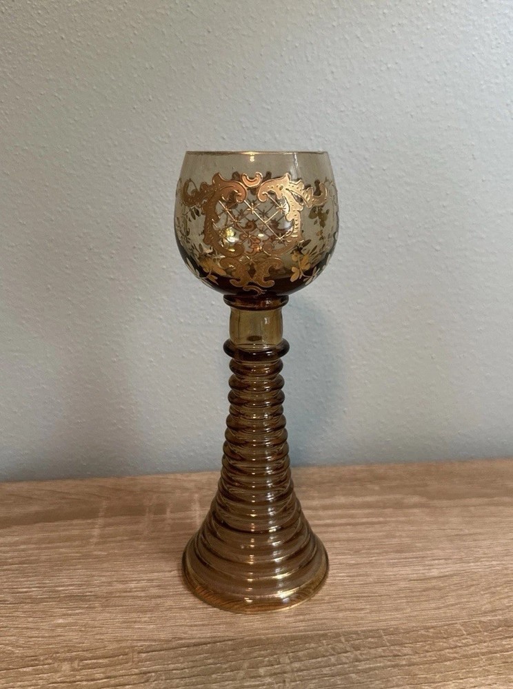 Moser Style Amber Bock Glass With Enameled Gold And Beehive Trumpet Stem 7.5”