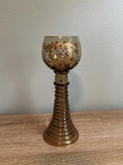 Moser Style Amber Bock Glass With Enameled Gold And Beehive Trumpet Stem 7.5”
