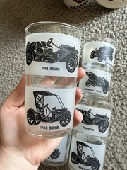 Vintage Anchor Hocking Autos Bar Glass Cadillac Model-T Ford Stutz Buick SET OF4
