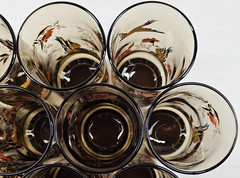 10) Yvette Perrin Dogwood Tumblers Set Vintage Smoke Brown Bird Floral Retro Lot