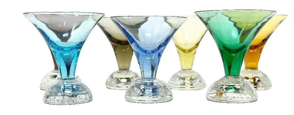Martini Champagne Glasses 7 Different Colors Hand Blown Bubble Bottoms 3.5″ Tall