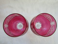 Pair of Hand-Blown Cut to Clear Vintage Cranberry Stained Wine Glasses