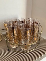 Vintage MCM Highball Glasses Gold Meadow Tumblers and Brass Carry Tray 5.5″
