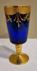 Venetian Murano Glass Wine Cocktail Glass Goblet Blue Gold Floral Mid Century