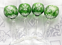 Set of 4 Emerald Hock Wines, 24% Lead Crystal by Ajka Hand Cut, 8″ tall, 7 oz