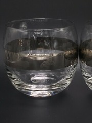 Set Silver Band Roly Poly Cocktail Glasses Pair Etched Classic Cars Vintage MCM