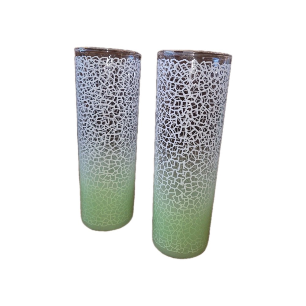 Pair Of West Virginia Glass Co Glasses Gradient Green/white Crackle Gold Rim