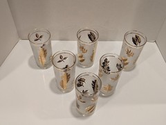 6 Mid-Century Libbey Gold Leaf Embossed Mostly Frosted Tumbler Glass 5 1/4″