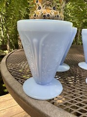 Set of 5 MINT Jeanette Glass Cherry Blossom Footed Juice Tumbler Delphite Blue