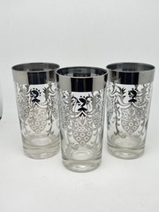 Vintage MCM Kimiko Silver Knights Shield Tumbler Glasses Set Of 3 Barware EUC