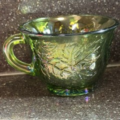 VTG Iridescent Green Glass Cup – Embossed Leaf Pattern – Carnival Glass 2.25”T