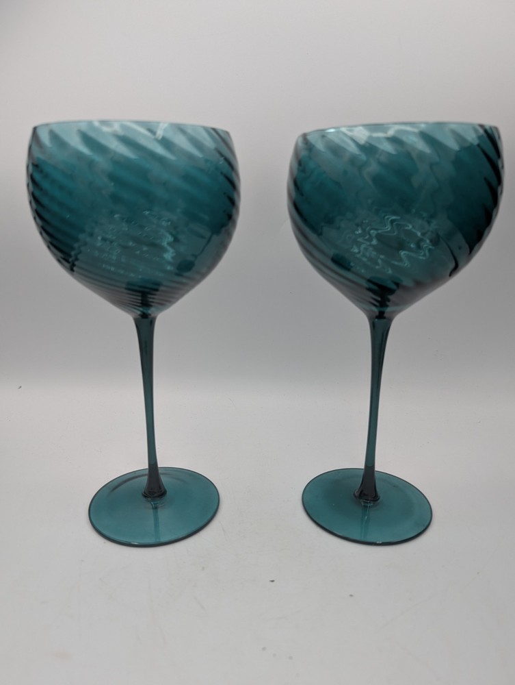 Teal Green Optic Swirl 2 Large Balloon Wine Glasses Set, 9″ H, Blown Glass