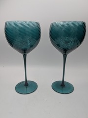 Teal Green Optic Swirl 2 Large Balloon Wine Glasses Set, 9″ H, Blown Glass