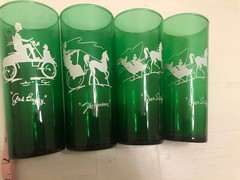 Vintage Christmas Barware 4 Anchor Hocking Forest Green Tumbler Open Sleigh Xmas