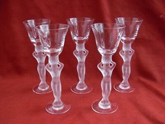 BAYEL,FRENCH LIQUOR CRYSTAL GLASSES,NUDE WOMAN,SET OF 5, 20th CENTURY.