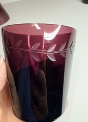 Vintage MCM Amethyst Glass Tumblers Hand Etched Botanical Leaf Pattern Set
