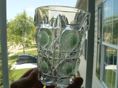 Bulls’s Eye and Daisies Tumbler U.S. Glass #15117 Clear EAPG 1909 green stain