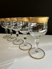 5 Ransgil Rambler Rose Optic Clear Cordial Wine Glasses 5.25″ Gold Rim
