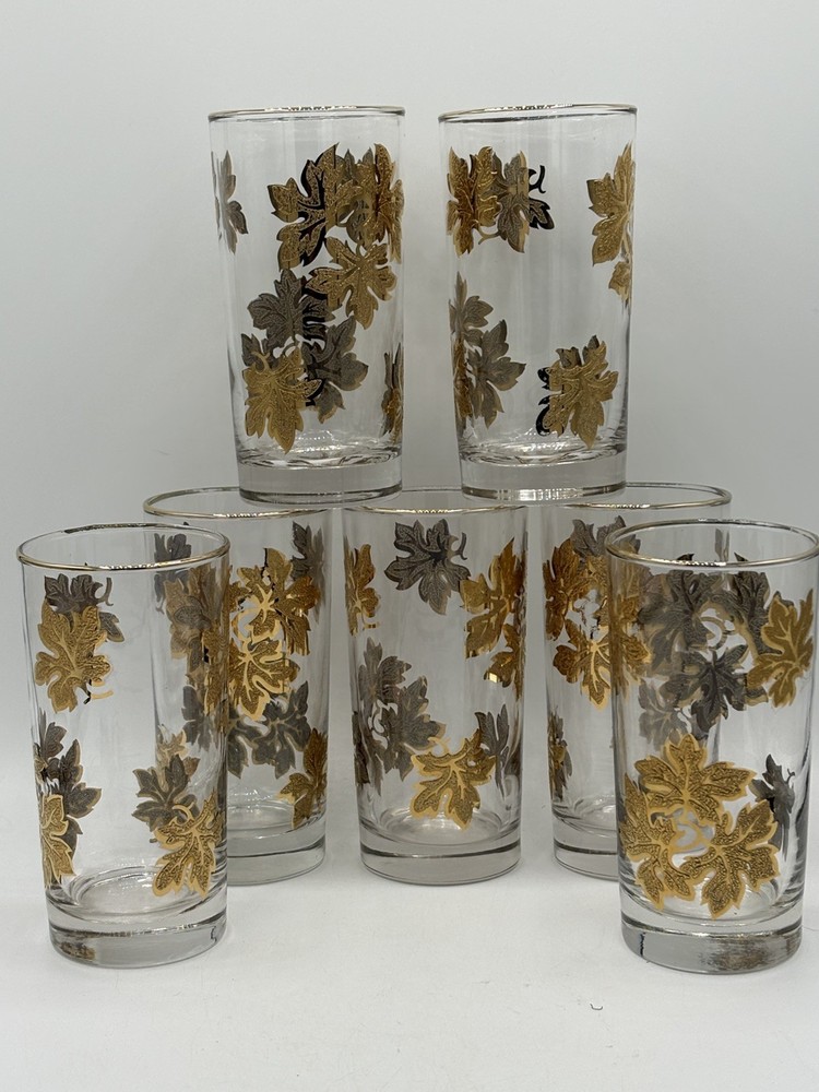 8 Vintage Libbey Glass Tumblers Embossed Gold Grape Leaves Retro Cocktail