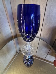 Ajka Arabella Cobalt Blue Cut To Clear Crystal Iced Tea Glasses Goblets 8”