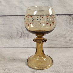 Vintage Bohemian Amber Glass Roemer Wine Goblet Hand Enameled Prunts 4.75″