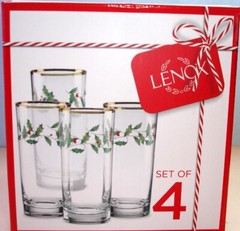 Lenox Holiday Holly Berry SET/4 Highball Glasses 6.25″ Gold Rim 14oz. 849605 New