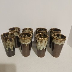 Set of 8 Vintage USA Brown Drip Glaze Pottery 12 oz Tumbler 5.5” Tall