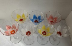 Vtg MCM Liqueur Cordial Glasses Floral Handpainted Tulips Glassware Lot READ