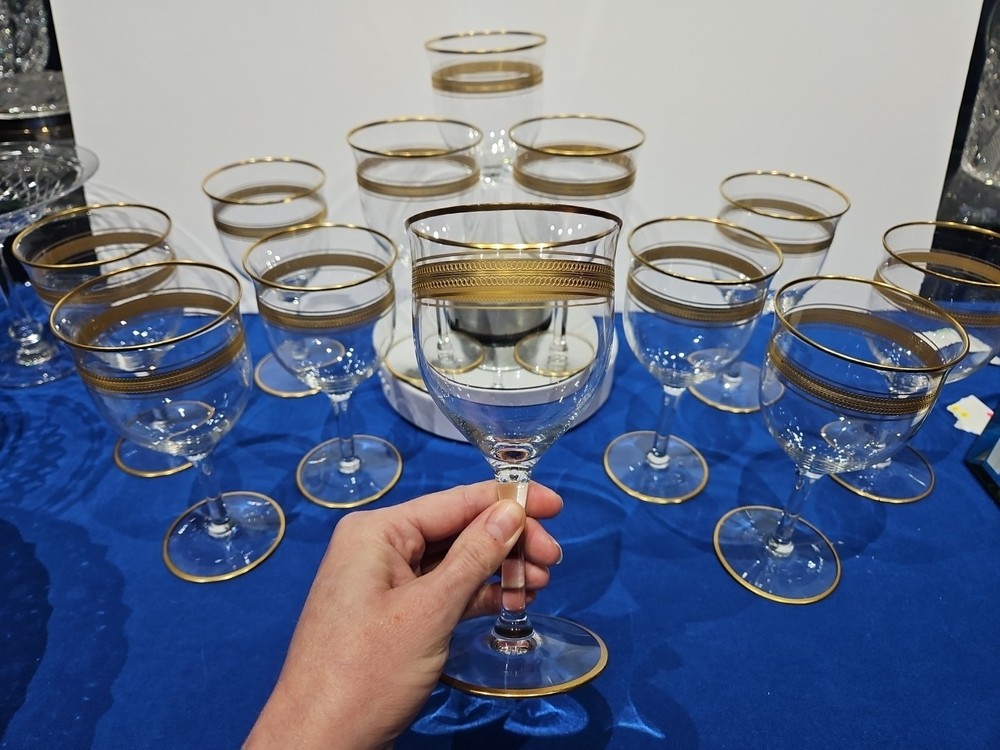 12 Water Goblets 10 oz. Glasses Fostoria Crystal «Coin Gold Band #2» needle etch