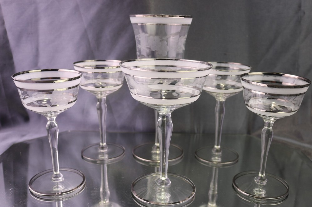 Vtg 6 pc Clear Optic Frosted Bands Grey Cut Floral Platinum Trim