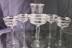 Vtg 6 pc Clear Optic Frosted Bands Grey Cut Floral Platinum Trim