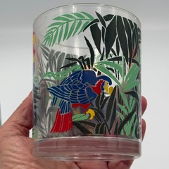 3 VTG CERA MCM PLASTIC lowball rocks glasses Tropical PARROTS IN TREES barware