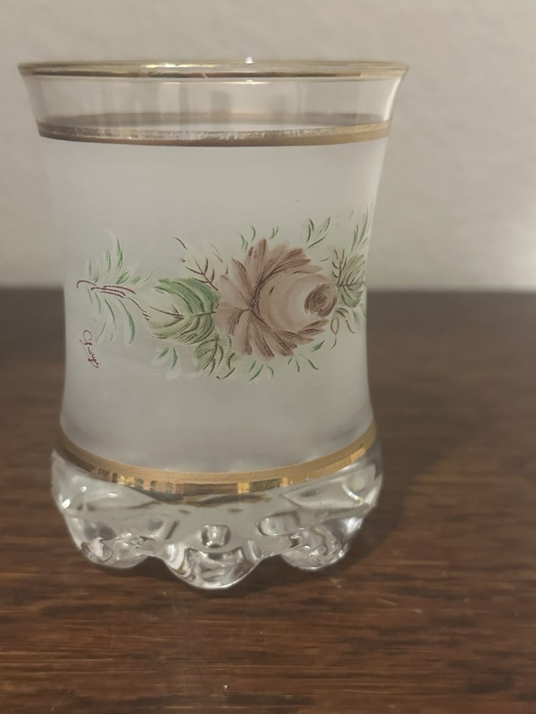 Vntg 1960s Italian Interpur Hand Painted Cocktail Glass Roses Signed 14kt Trim