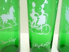 Anchor Hocking 4 GREEN Glasses Gas Buggy Open Sleigh The Hansom Bicycle For Two